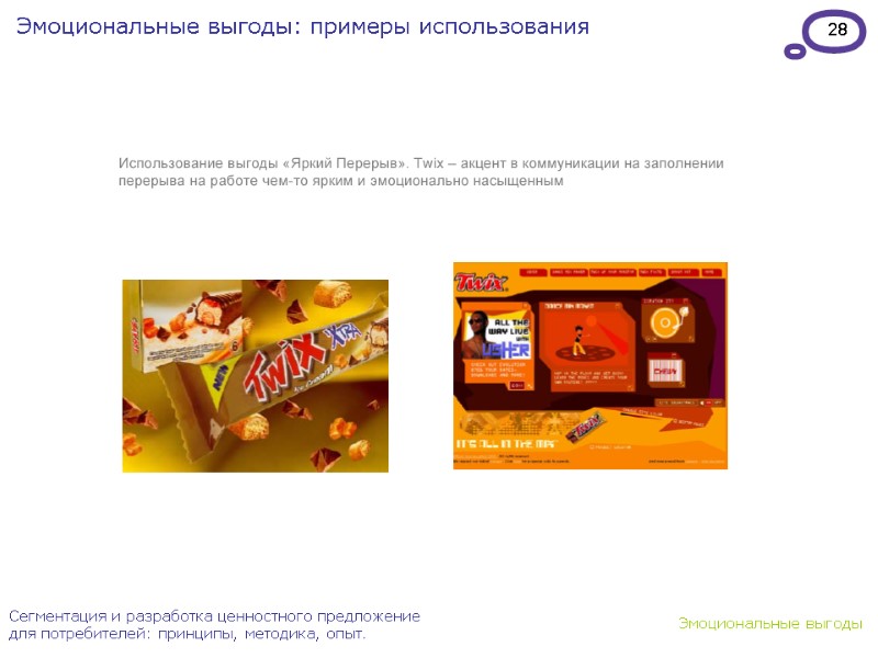 28 Эмоциональные выгоды: примеры использования Сегментация и разработка ценностного предложение для потребителей: принципы, методика,